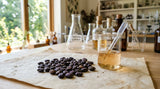 A close-up photograph capturing the textured, dark purple and brown seeds of the Psoralea corylifolia plant, scattered on a piece of light-colored, slightly worn parchment paper. A small, clear glass beaker containing a pale, amber-colored oil is positioned next to the seeds, with a glass dropper resting inside. The background is a gently blurred laboratory setting with glass flasks and natural light filtering through a window, emphasizing the contrast between the botanical source and the refined extract.
