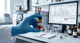 A close-up photograph of a scientist's hand in a blue nitrile glove, carefully holding a glass vial of deep amber rose absolute over a white lab bench. In the blurred background, a GC-MS instrument screen displays a complex chromatogram, illustrating the analysis of the oil's purity.