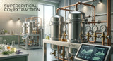 A state-of-the-art supercritical CO2 extraction facility with gleaming stainless steel pressurized cylinders, copper piping, and control valves, clean industrial laboratory setting, dramatic lighting