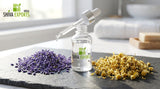 A detailed macro shot of fresh lavender buds and dried chamomile flowers resting on a clean slate surface, with a glass dropper bottle containing clear oil next to them