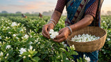 Close-up, macro shot of Jasmine Sambac flowers being harvested at dawn in a lush field in Kannauj, India. Focus on the delicate petals and the hands of the workers. Soft, diffused lighting.