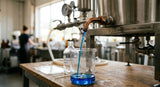 A macro photograph capturing the edge of a steam distillation unit in a modern processing facility. From a small copper outlet, a stream of intensely sapphire-blue essential oil drips into a clear glass beaker, contrasting sharply with the steel equipment and the soft, filtered light of the room, shallow depth of field