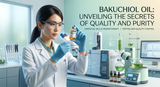 A laboratory setting with a scientist in a lab coat examining a vial of Bakuchiol oil, with sophisticated analytical equipment in the background, representing quality control and purity testing.