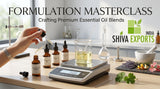A professional formulation lab setup with a digital precision scale, amber glass dropper bottles, and a glass stirring rod blending a pale yellow liquid in a beaker, modern clean aesthetic