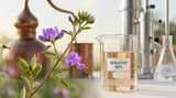 A macro photograph of the Psoralea corylifolia (Babchi) plant with its distinct purple flowers and green seed pods, alongside a high-tech lab beaker filled with pale amber Bakuchiol 99% liquid. The background shows blurred traditional copper steam distillation equipment, symbolizing the heritage of Kannauj, and modern laboratory apparatus, representing advanced extraction. The lighting is soft and natural.