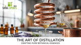Macro photograph of a copper alembic distillation condenser coil with condensation droplets of pure botanical hydrosol and oil, soft industrial lighting, rich metallic textures