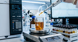A macro photograph in an analytical chemistry lab. A glass beaker containing a clear, viscous, amber-colored liquid (bakuchiol) is placed on a digital magnetic stirrer hot plate. A micro-pipette is dispensing a drop into the beaker. The background shows a portion of a GC-MS machine control panel and a rack of glass vials, all under cool, clean lab lighting.