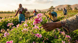 Close-up shot of Pelargonium graveolens flowers in a field in Egypt, with workers harvesting in the background, warm sunlight, focus on the flowers and hands.