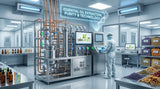 A stainless steel industrial subcritical CO2 extraction unit in a cleanroom laboratory, glowing indicators, copper pipes, clinical and scientific setting, hyperrealistic