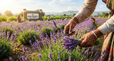 Close up shot of lavender flowers being harvested in a field in Kannauj, India, with a Shiva Exports India logo subtly visible in the background