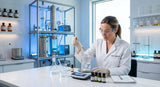A professional formulator in a clean, modern lab, wearing a white coat and safety glasses, meticulously adding drops of oil from a glass pipette into a beaker. In the background, there's a large, complex stainless steel fractional distillation apparatus, softly lit with cool blue and white lights.