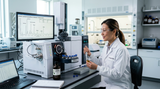 A lab technician in a clean, modern laboratory setting, analyzing a sample of jasmine absolute using a GC-MS machine. The focus is on the equipment and the technician's focused expression.