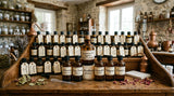 A perfumer's organ (a tiered workbench) covered in various small amber glass bottles with handwritten labels, with a focus on a central bottle of Geranium Oil Egyptian and several other bottles labeled with potential substitutes like 'Palmarosa', 'Rose Isolate', and 'Menthone', shot in a traditional Grasse atelier setting with soft, natural light.