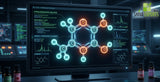 A sophisticated digital rendering of a 3D molecular model of a pyran derivative, with glowing bonds and atoms, displayed on a dark, futuristic laboratory computer monitor, surrounded by complex data streams