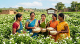 A group of smiling jasmine farmers in Kannauj, India, standing in a field of Jasmine Sambac flowers. They are wearing traditional clothing. The Shiva Exports India logo is subtly visible in the background.