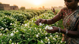 Close-up photo of jasmine flowers being hand-picked at dawn in a lush field in Kannauj, India, with a shallow depth of field showing a worker's hands delicately harvesting the blossoms. Warm, golden light.
