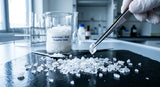 A macro photograph of pure white Ambroxan crystals on a dark, reflective slate surface. A single crystal is being picked up with fine-point steel tweezers. In the background, a large glass beaker holds more crystals, with a label partially visible reading 'Ambroxan - Bulk Supplier India'. The lighting is crisp and cool, emphasizing the crystalline structure. High-resolution, professional laboratory setting.