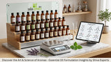 a modern perfumer organ with amber glass bottles, a digital scale displaying zero point zero zero grams, and molecular structure diagrams on a tablet screen in the background