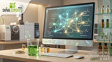 A stylized representation of a computer screen displaying complex fragrance molecular mapping software, with glowing neural network lines connecting chemical nodes, a glass beaker with green liquid in the foreground, soft lab lighting