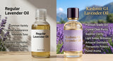 A split image showing two lavender oil bottles side-by-side, one labeled 'Regular Lavender Oil' and the other labeled 'Kashmir G1 Lavender Oil,' highlighting the differences in color and clarity. Focus on the premium quality of the Kashmir G1 oil.