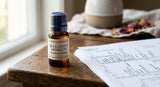A macro photograph capturing a small, sealed glass vial containing a deep blue-amber liquid, labeled 'Blue Lotus Absolute - Nymphaea caerulea'. The vial sits on a polished dark wood surface next to a stack of detailed GC-MS chromatogram printouts with peaks labeled. Soft, focused light from the left highlights the liquid and the text on the vial, shallow depth of field, realistic texture.
