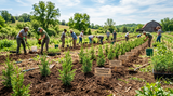 A field of Cedarwood Virginian saplings being planted with people working in the background
