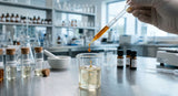 A close-up photograph of a clear, viscous liquid being carefully dripped from a glass pipette into a beaker filled with a slightly paler liquid. The background is a gently blurred, modern laboratory setting with stainless steel surfaces and glass bottles, bathed in cool, clean light.