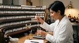 A professional perfumer's organ with hundreds of small glass vials, some labeled, arranged in semi-circular tiered shelves. In the foreground, a focused perfumer in a white coat is carefully adding a drop from a pipette into a small beaker. The lighting is precise and focused, highlighting the amber and clear liquids. The background is softly blurred.
