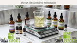A professional formulation lab setup with a digital precision scale, amber glass dropper bottles, and a glass stirring rod blending a pale yellow liquid in a beaker, modern clean aesthetic