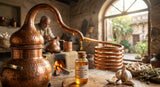 close-up shot of golden garlic oil being extracted in a traditional copper still in Kannauj, with sunlight streaming through the window