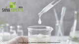 macro photograph of clear, viscous white musk liquid dripping from a glass pipette into a beaker, laboratory setting, neutral gray background, studio lighting