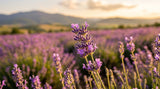 Close-up shot of vibrant purple lavender flowers in a field in Bulgaria's Rose Valley, bathed in golden sunlight, highlighting the texture and color of the blossoms. Focus should be sharp on a few select flowers, with the background softly blurred to emphasize the abundance of the field.