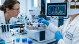 A close-up photograph of a laboratory bench in a fragrance research facility. A scientist in a white coat, with gloved hands, is adjusting a glass vial containing a deep blue liquid within a high-tech Gas Chromatography-Mass Spectrometry (GC-MS) instrument. The machine's digital display shows a complex chromatogram. The lighting is precise and cool, highlighting the blue oil and the laboratory equipment