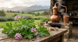 A macro photograph of Pelargonium graveolens leaves and pink flowers, freshly harvested and slightly damp with morning dew, resting on a rustic wooden distillation table. In the background, a traditional copper alembic still is subtly visible, with steam gently rising, set against a backdrop of rolling green fields under a soft, diffused sky.