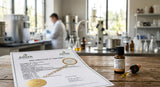 A close-up photograph of a regulatory compliance certificate with an official seal, resting on a wooden desk next to a small glass vial of light yellow essential oil. The document features text like 'IFRA Certificate of Conformity' and 'Low Asarone Calamus Oil'. In the background, there's a blurred view of a modern laboratory environment with stainless steel equipment and glass beakers under soft, natural light.