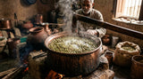 close-up shot of cardamom pods being steam distilled in a traditional copper still in Kannauj, India