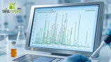 A highly detailed, clinical macro close-up of a gas chromatography-mass spectrometry screen showing complex peak graphs of chemical compounds, reflecting a sterile laboratory environment with soft blue backlighting
