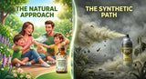 A split image showing on one side a family happily using a natural insect repellent spray outdoors in a lush green environment, and on the other side a negative image of chemical fog and dying insects, illustrating the contrast between natural and synthetic repellents