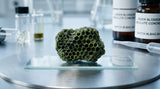 Macro photograph of the complex, honeycombed structure of a linden blossom absolute concrete, showing a dark green, slightly waxy texture under cool lab lighting, shallow depth of field